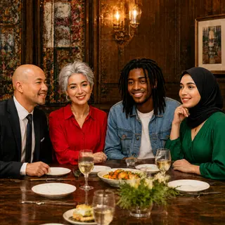Four people at a dinner table: a bald man in a suit, a woman