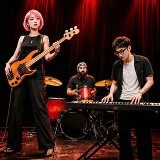 Three musicians on stage: a tall woman with short pink hair 