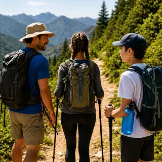 Three hikers on a trail: a man with a backpack and sunhat, a