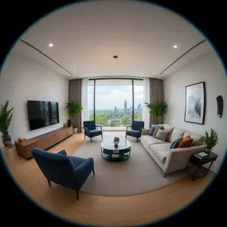 A wide-angle shot of a modern living room interior showing e