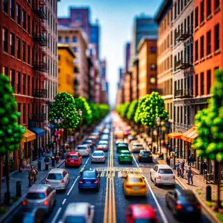 A tilt-shift photograph of a city street making real-life lo