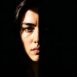 A portrait with dramatic split lighting — half the face brig