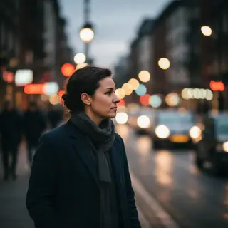 A street photograph with shallow depth of field as if shot a