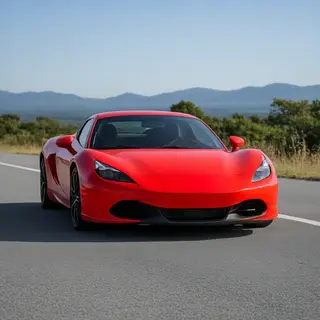 A bright red sports car parked on a gray asphalt road — the 