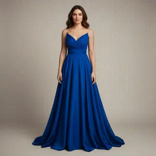 A woman wearing a royal blue evening dress against a neutral