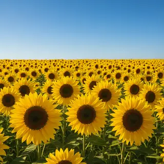 A field of pure sunflower yellow flowers under a clear blue 