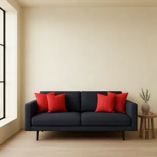 A minimalist room with walls in #F5E6CC (warm cream), a sofa