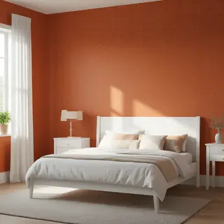 A bedroom wall painted in #FF6B35 (burnt orange) with white 