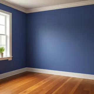 A room with walls in #4A90D9 (medium blue) with warm wooden 
