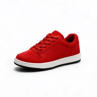 A single red sneaker on a clean white background with soft s