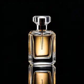 A clear glass perfume bottle on a reflective black surface w