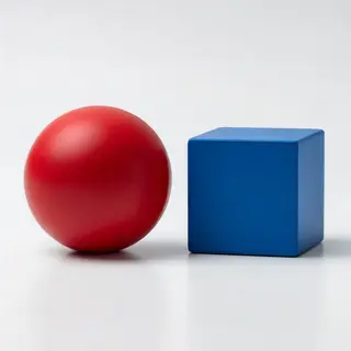 A red ball and a blue cube sitting side by side on a white s
