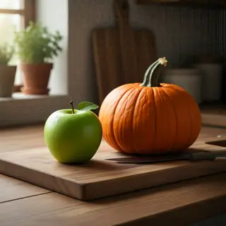 A green apple and an orange pumpkin on a wooden cutting boar