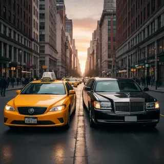 A yellow taxi and a black limousine parked next to each othe