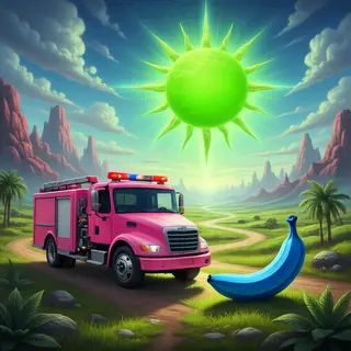 A pink fire truck, a blue banana, and a green sun in a surre