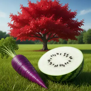 A purple carrot, a red tree with red leaves, and a white wat