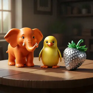 An orange elephant, a yellow penguin, and a silver strawberr