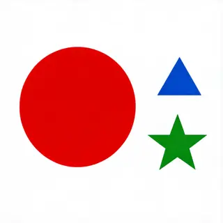 A large red circle, a small blue triangle, and a medium gree