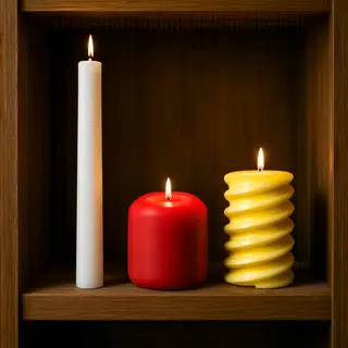 A tall thin white candle, a short fat red candle, and a medi