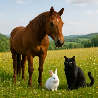 A big brown horse, a small white rabbit, and a medium-sized 