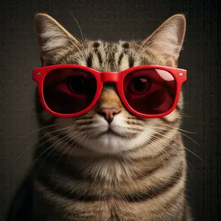 A tabby cat wearing oversized red sunglasses