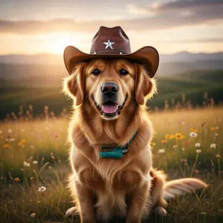 A golden retriever wearing a tiny cowboy hat