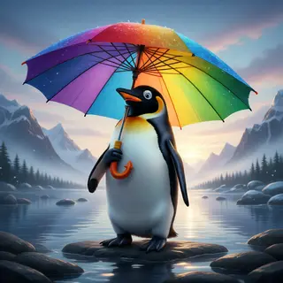 A penguin holding a colorful umbrella