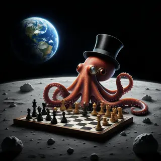 An octopus wearing a top hat and monocle playing chess on th