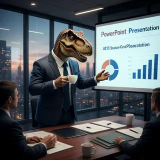 A dinosaur in a business suit giving a PowerPoint presentati