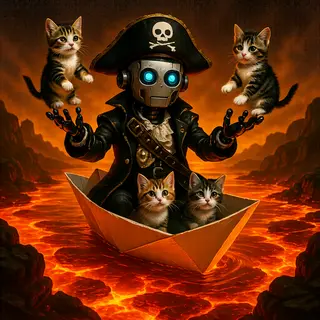 A robot dressed as a pirate sailing a paper boat on a lake o