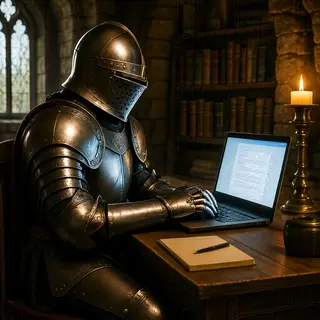 A medieval knight in full armor sitting at a desk typing on 