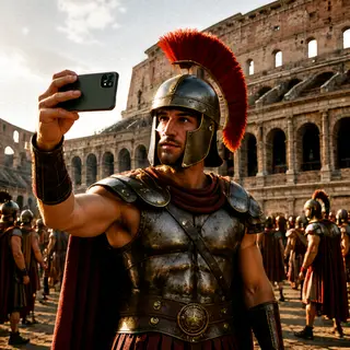A Roman gladiator taking a selfie with a smartphone in the C