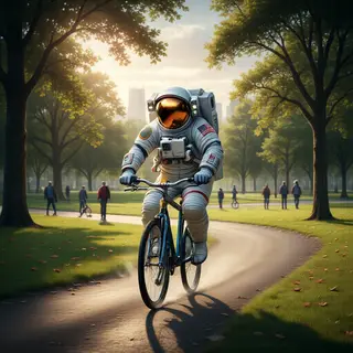 An astronaut in a spacesuit riding a bicycle through a park