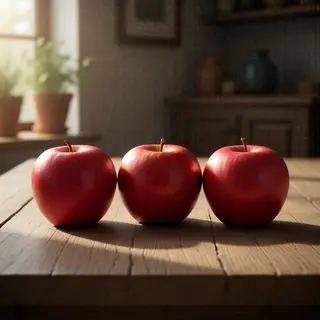 Exactly 3 red apples arranged on a wooden table