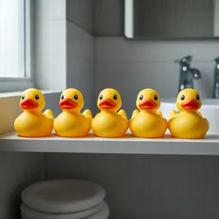 Exactly 5 yellow rubber ducks sitting in a row on a bathroom