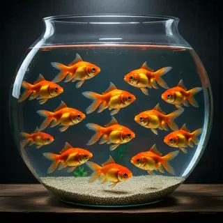 Exactly 9 goldfish swimming in a large round fishbowl