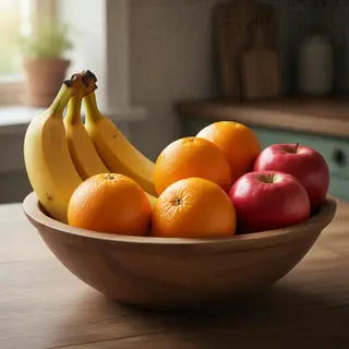 A fruit bowl containing exactly 3 bananas, 4 oranges, and 2 