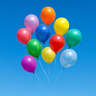 Exactly 11 colorful balloons floating against a clear blue s