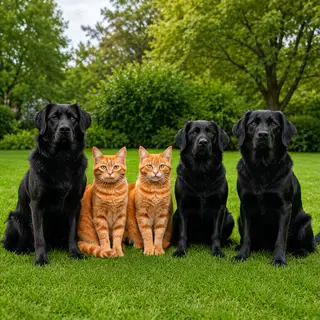 2 orange cats and 3 black dogs sitting together on a grassy 