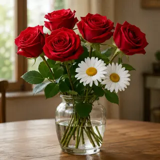 4 red roses and 2 white daisies in a glass vase on a table