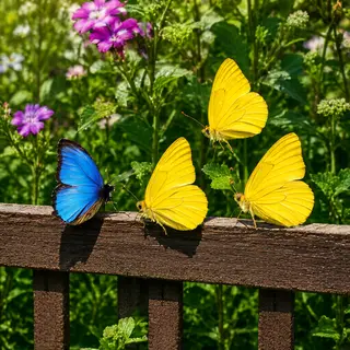 1 blue butterfly and 3 yellow butterflies resting on a garde