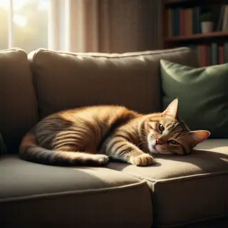 A cat lying on a couch without a collar