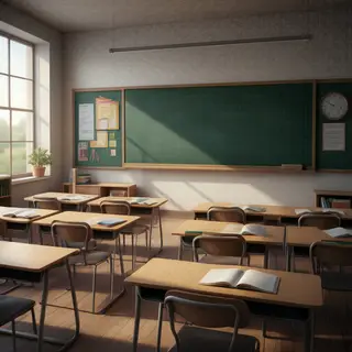 A classroom with desks and a chalkboard but no students