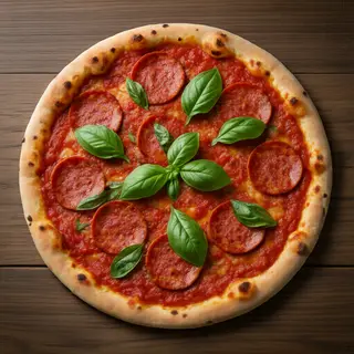 A pepperoni pizza with tomato sauce, basil, and crust but ab