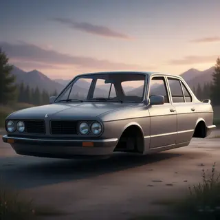 A car body with windows, doors, and headlights but no wheels