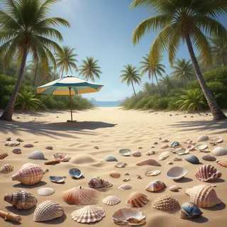 A sandy beach with palm trees, seashells, and a beach umbrel