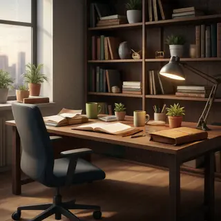 An office workspace with a desk, chair, bookshelf, and lamp 