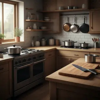 A kitchen with pots, pans, a stove, and a cutting board but 