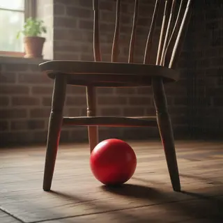 A red ball underneath a wooden chair