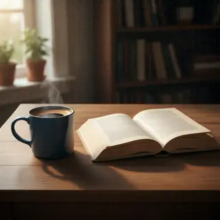 A coffee mug next to an open book on a desk